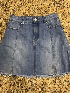 Girls Denim A-Line Mini Skirt in Blue with Frayed Hem